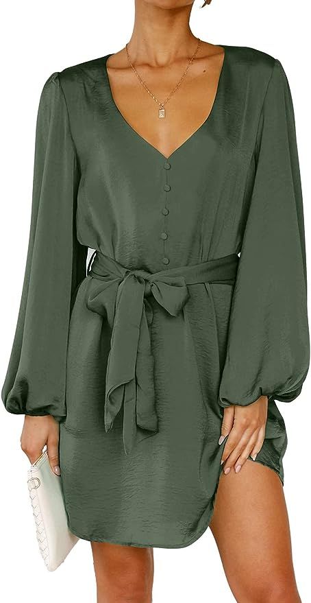 PRETTYGARDEN Women's Fall Long Puff Sleeve Satin Dress V Neck Cocktail Party Belted Short Flowy D... | Amazon (US)