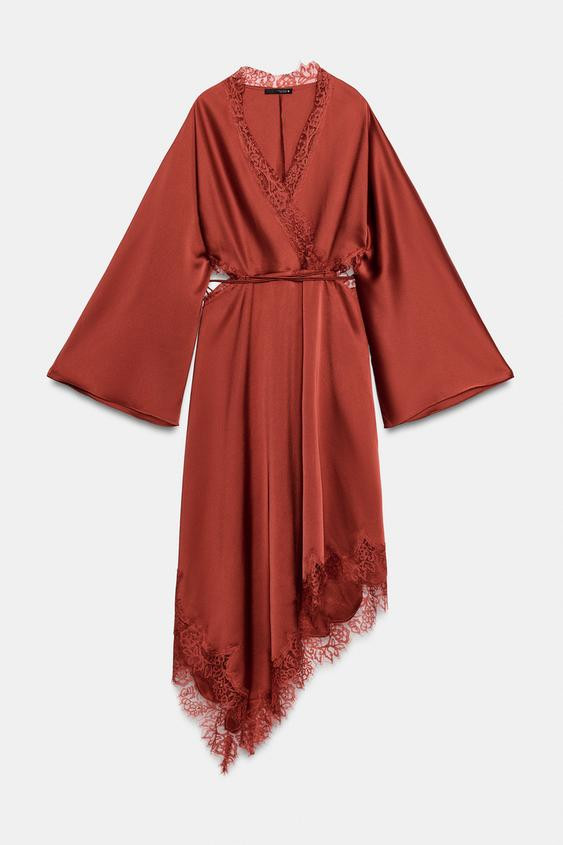 Zara - Zw Collection Satin Lace Dress - Dark Red - Xs - Woman | Zara US