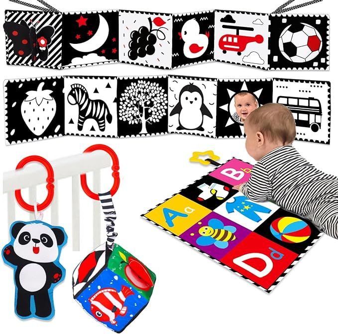 4 PCS Black and White High Contrast Baby Toys 0-3-6 Months Newborn Essential Montessori Toys for ... | Amazon (US)