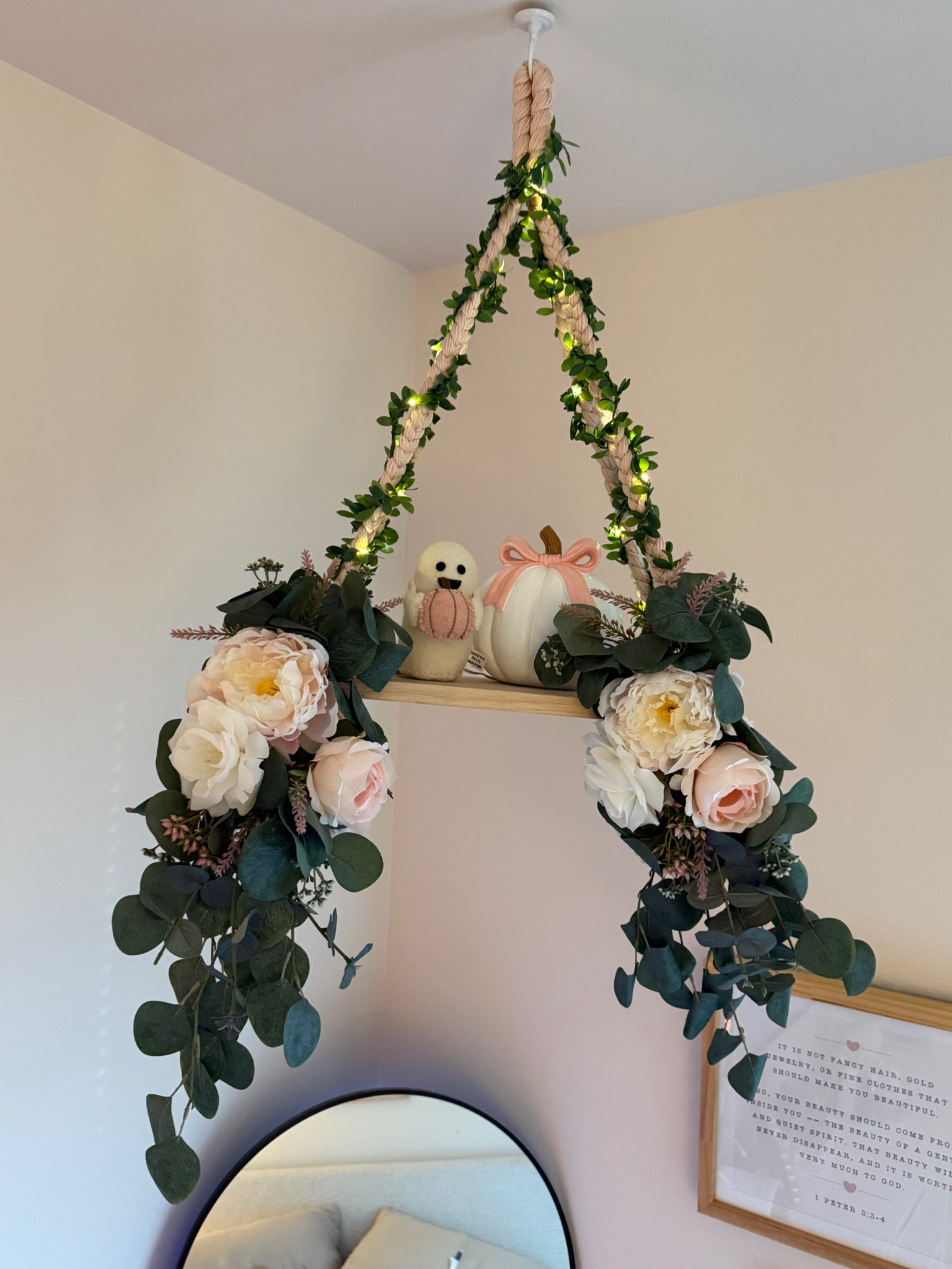 Cutest DIY EVER!! 💕🎀 The shelf itself was thrifted so I found some amazing shelves that are very similar! You can use one that already has the vines, or choose to wrap around the vines yourself!! I linked pink ghosts and cute pumpkins to decorate for fall and some cute flower vines that can hang like mine!! You’re might even come out better 🫶🏼🥹💕 have fun!! 

#LTKKids #LTKBeauty #LTKHome