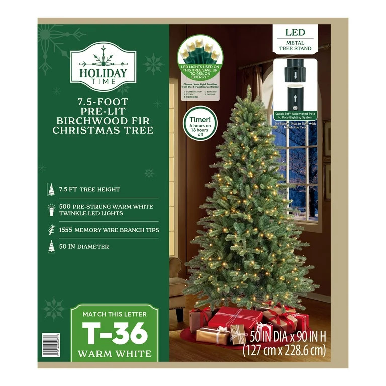 7.5' Pre-Lit Birchwood Fir Green Artificial Christmas Tree with Warm White Twinkle LED Lights and... | Walmart (US)