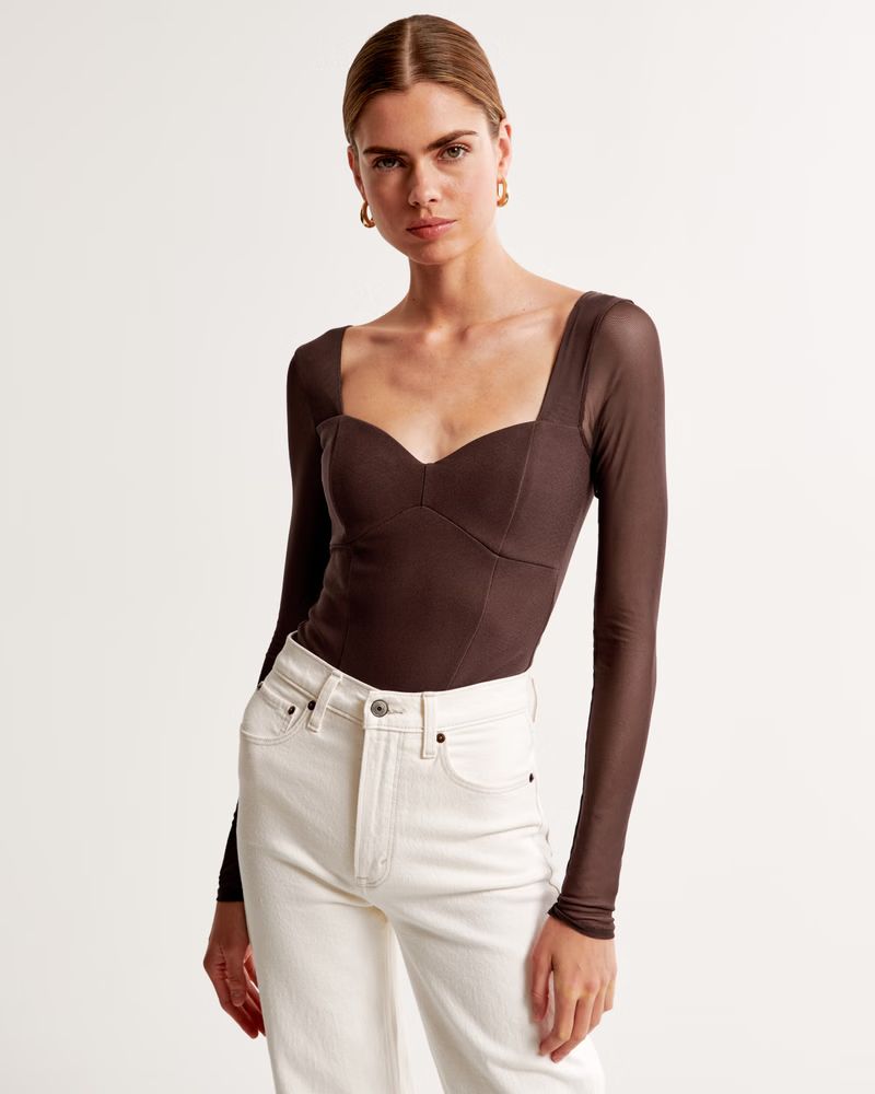 Long-Sleeve Crepe Sweetheart Bodysuit | Abercrombie & Fitch (US)
