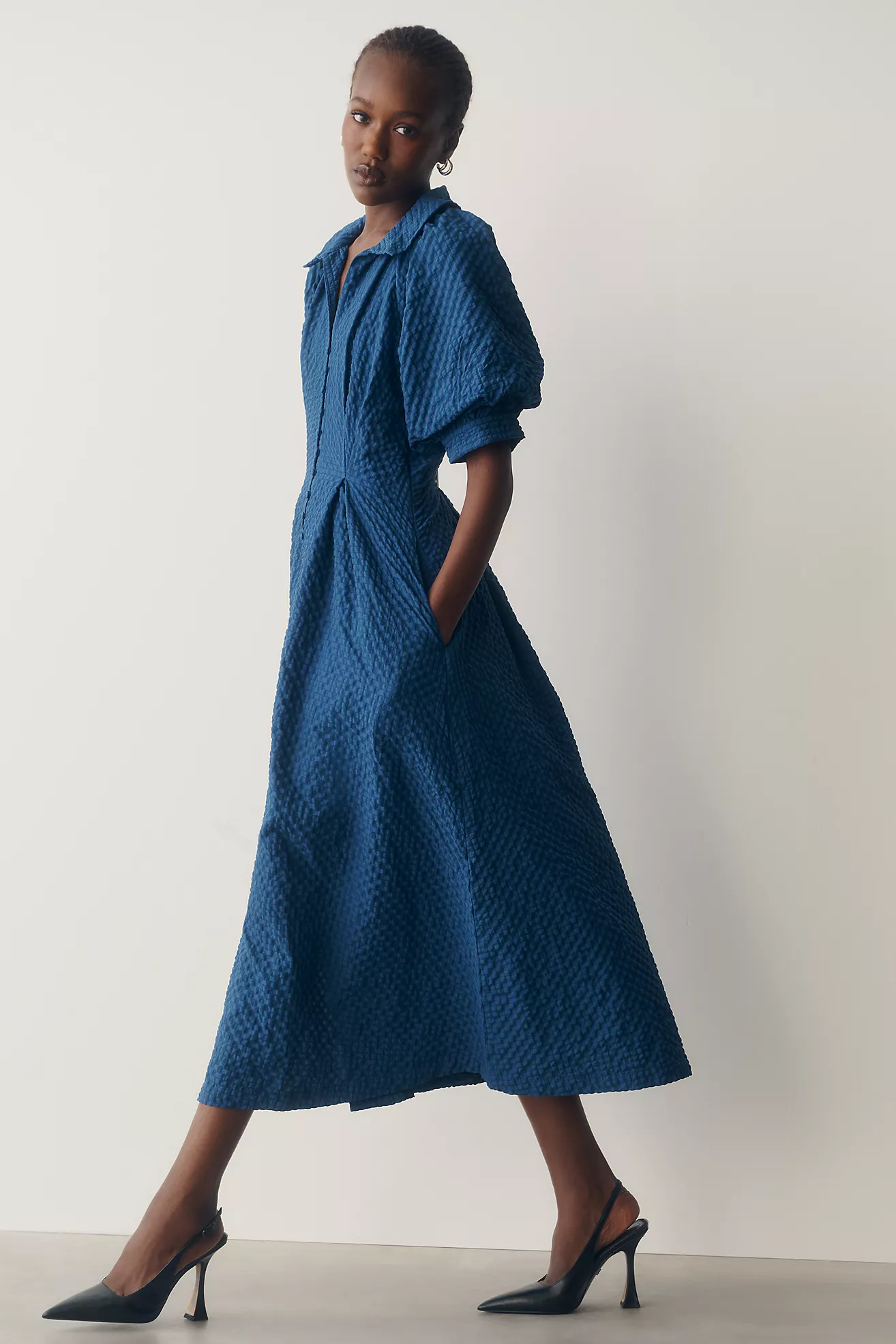 English Factory Puff-Sleeve Textured Midi Shirtdress | Anthropologie (US)