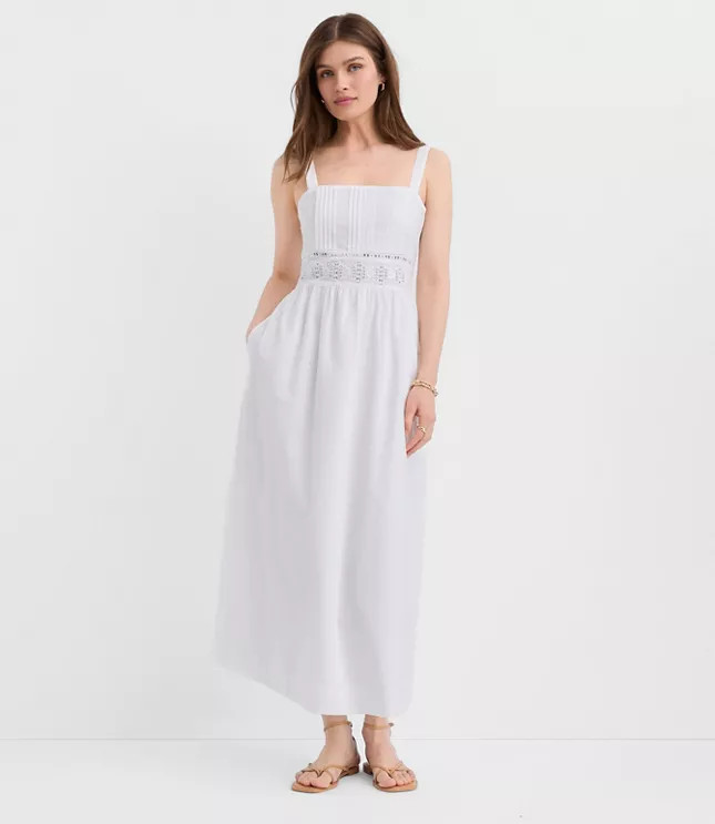 Lace Trim Pintucked Midi Pocket Dress | LOFT
