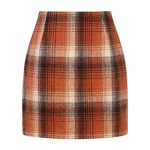 Womens Wool Plaid Mini Skirt Fall Winter High Waisted Bodycon Pencil Skirt (Orange, XXL) | Amazon (US)