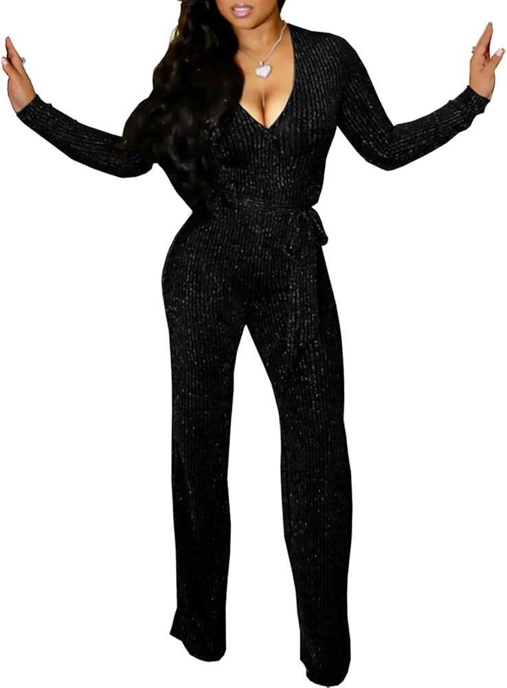 Women's Casual Sparkly Jumpsuits Sexy V Neck Elegant Party Long Sleeve Wide Leg Pants Clubwear | Amazon (US)