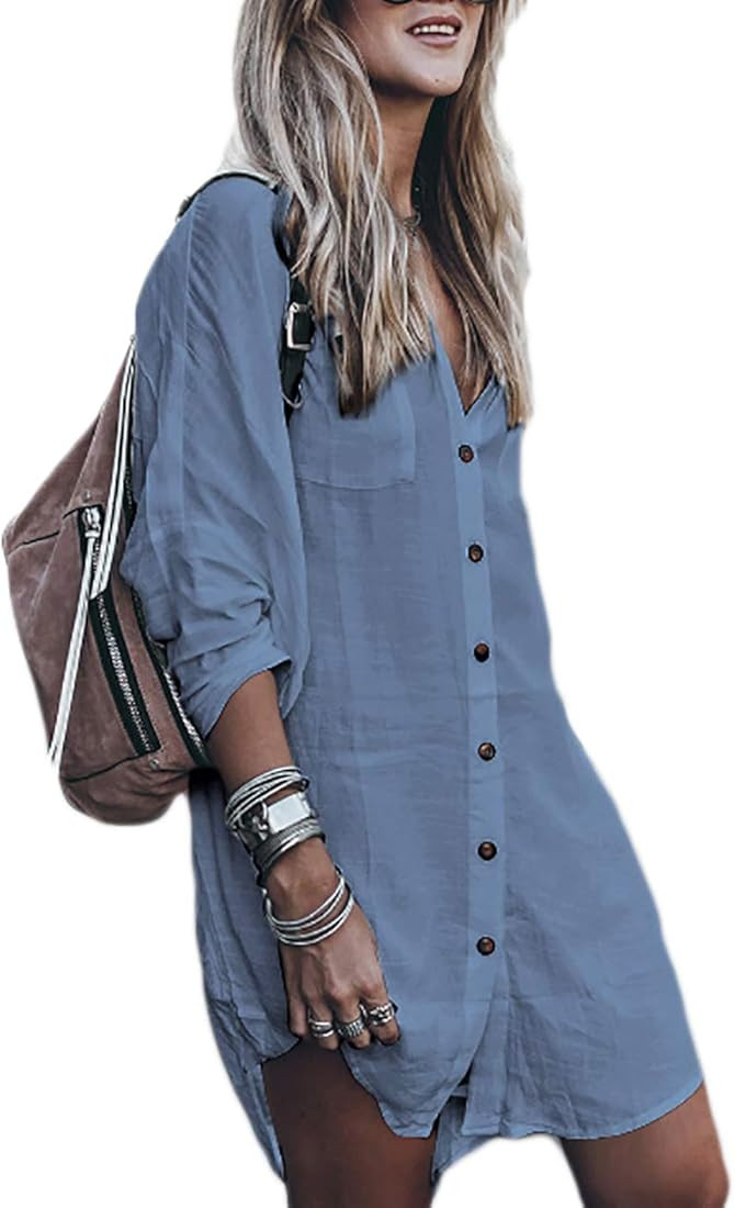 Bsubseach Women Loose Long Sleeve Swimsuit Cover Ups Button Down Beach Shirt | Amazon (US)