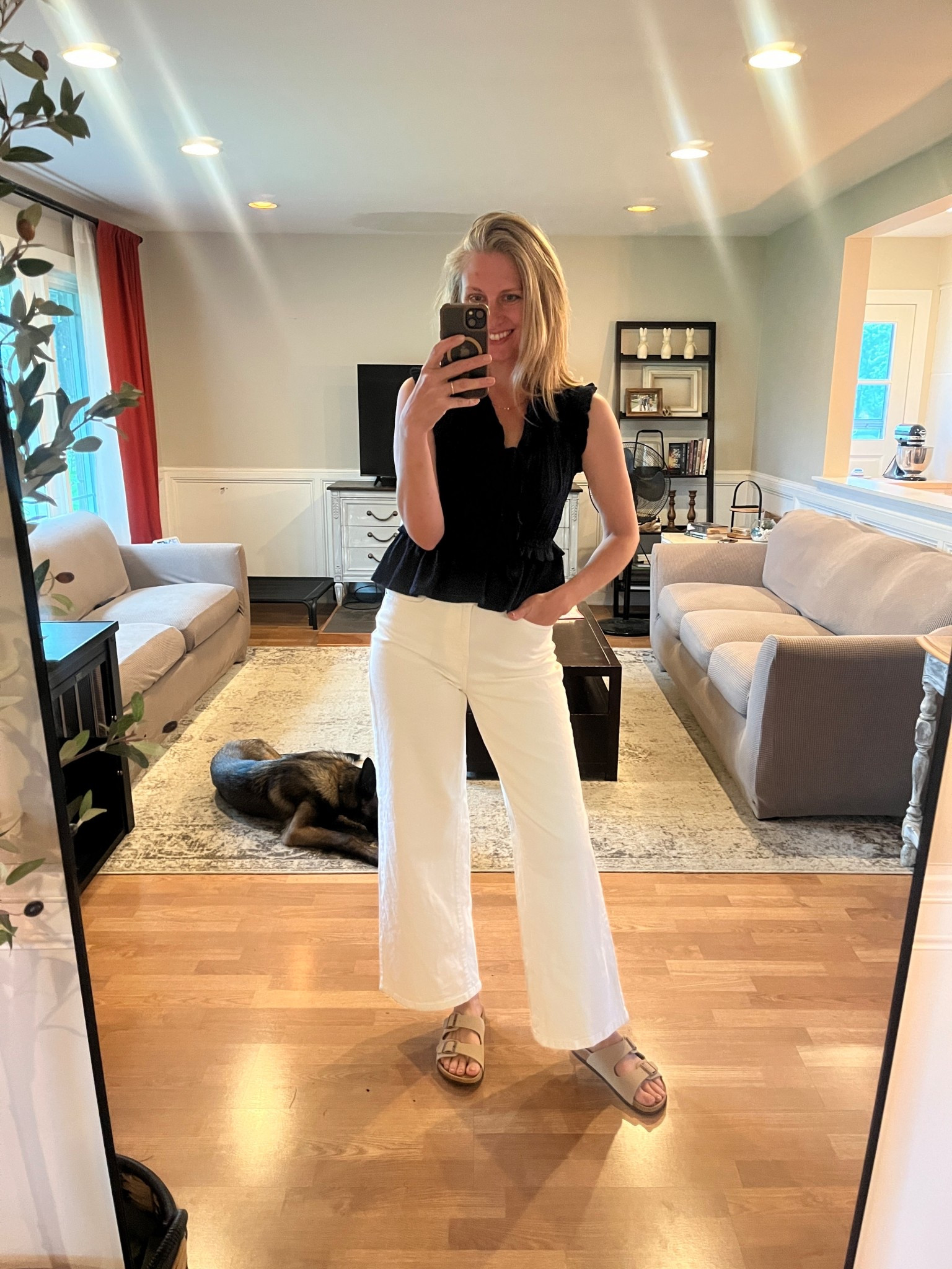 My top is size small but a little snug so I will get my true size medium instead. Jeans are a 4 (regular length) and are snug but in a good way so I will keep and say size down if you are in between. Sized up a half size in these Birk lookalikes  

#LTKOver40 #LTKmomlife #LTKTall
