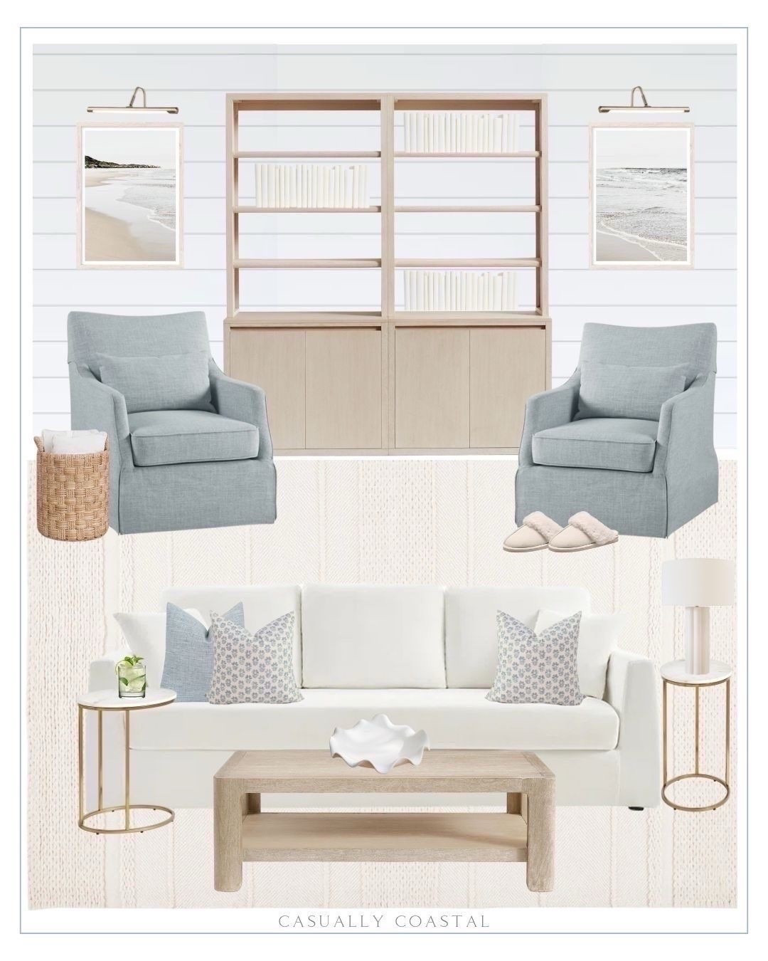 Whether you're looking to refresh a living room, or a sitting room I hope this room design inspires you! 
-
Coastal sitting room, coastal home decor, coastal style, beach house decor, beach house furniture, neutral home decor, coastal rugs, coastal wall art, coastal artwork, beach art, swivel armchair, blue armchair, pottery barn shelf, shelf with cabinet, 85” slipcovered sofa, rectangular woven coffee table, coastal coffee table, neutral rugs, wayfair rugs, wool rugs, natural area rug, living room rugs, white rugs, soft rugs, 8x10 rugs, 9x12 rugs, 10x14 rugs, 11x15 rugs, 6x9 rugs, 5x8 rugs, beach photography prints, Etsy artwork, LED picture lights, seagrass basket, oval marble c-table, c-shaped end table, neutral slippers, Amazon slippers, Etsy pillows, coastal pillows, floral linen pillow cover, ceramic decorative bowl, LED desk table lamp, living room furniture, living room side tables, brass & marble side tables, side tables under $200, white lamps, amazon lamps, fall pillows, blue throw pillows, block print pillows, natural wood coffee table, rectangular coffee tables, round side tables, bookcases, picture lights, coffee table decor

#LTKHome
