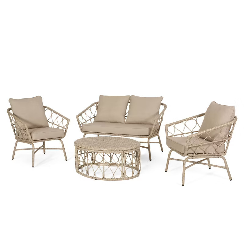 4pc Bruce Outdoor Wicker Set with Cushions Light Brown/Beige - Christopher Knight Home | Target