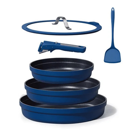Carote 8 Pcs Nonstick Frying Pans Set, Nonstick Skillets with Detachable Handle & Lid, Oven Safe, Induction Cookware, Stackable Kitchen Set, Blue | Walmart (US)