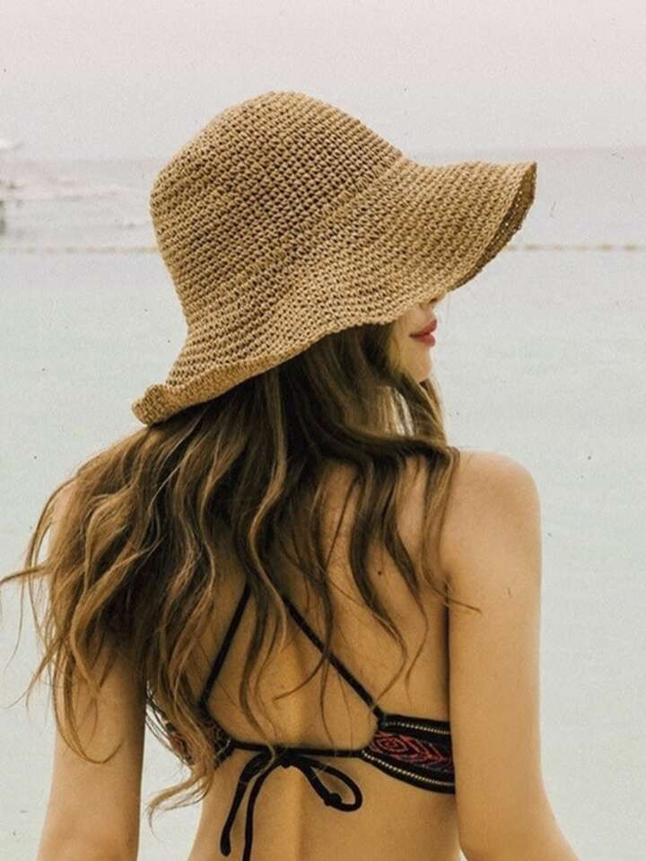 1pc Women Stay Cool and Protected in the Sun: Solid UV Protection Straw Hat for Summer Beach Trav... | SHEIN