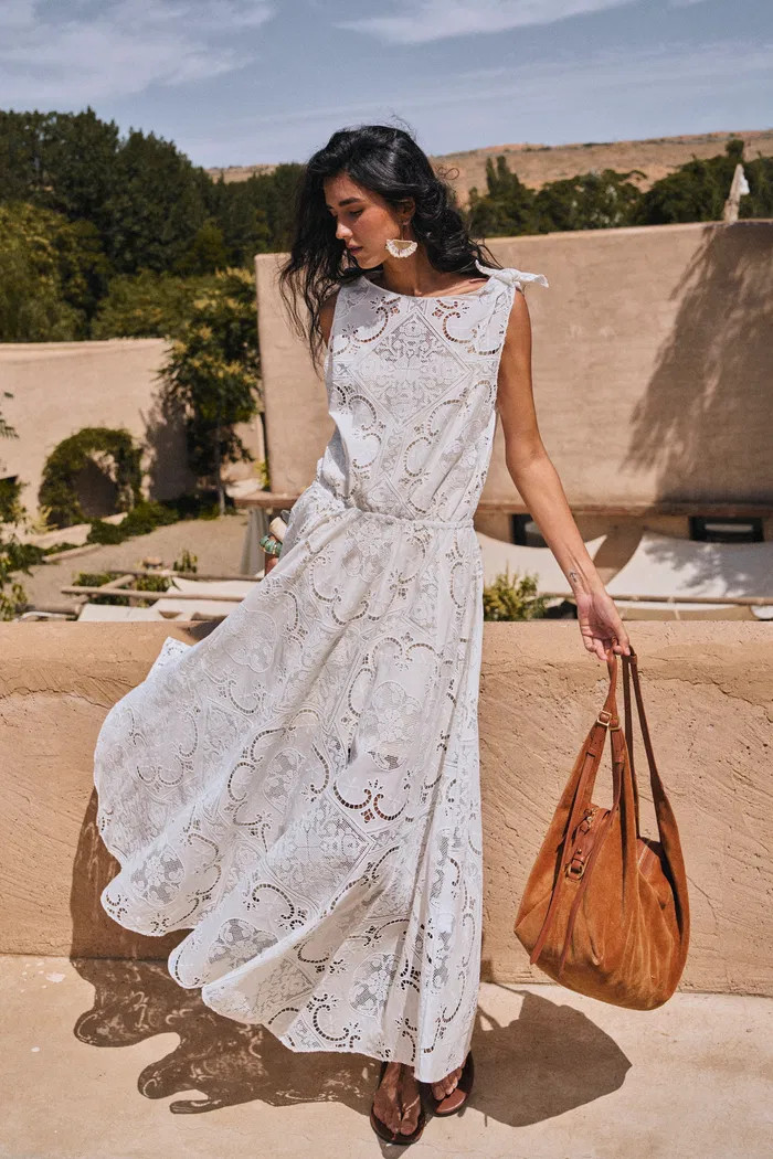 Nellie Cutwork Embroidered Scarf Tie Layered Sleeveless Dress in 100% | Fabrique