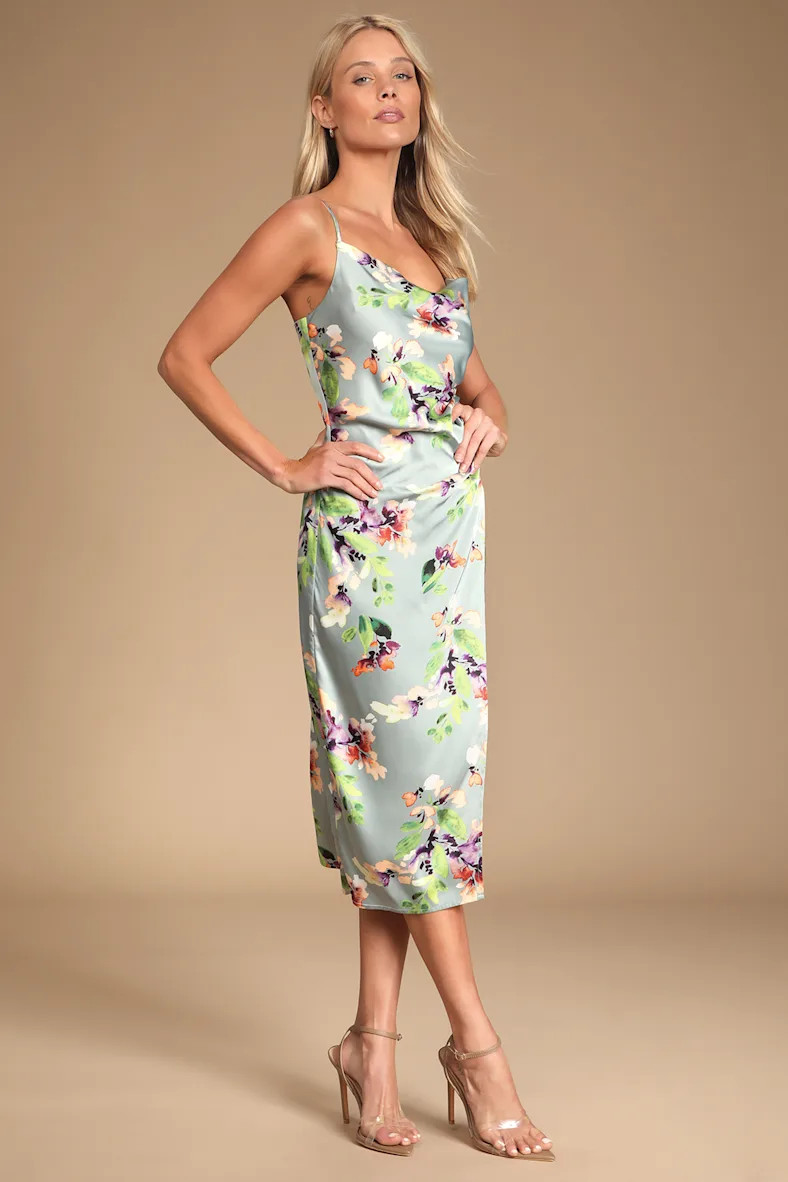Hollywood Woman Sage Green Floral Print Satin Midi Dress | Lulus (US)