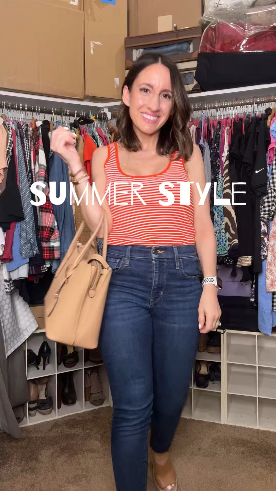 Summer Style. 
-Red and white sleeves top. Top runs big. Go down 1 size. 
-Levi’s jeans. They run true to size. 
Neutral handbag. 
Neutral wedge sandals. 
Petite outfit 
Petite style

#LTKPetite #LTKOver40 #LTKgrwm