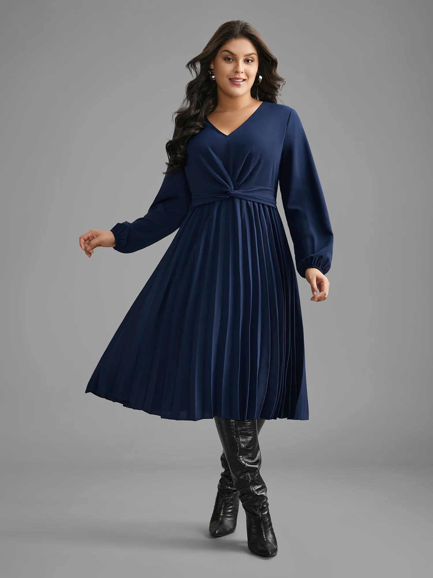 V Neck Twist Front Pleated Dress | Bloomchic