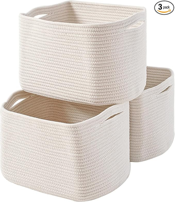 Storage Baskets for Organizing Shelves, Woven Cotton Rope Bins for Baby Nursery Organization, Boo... | Amazon (US)