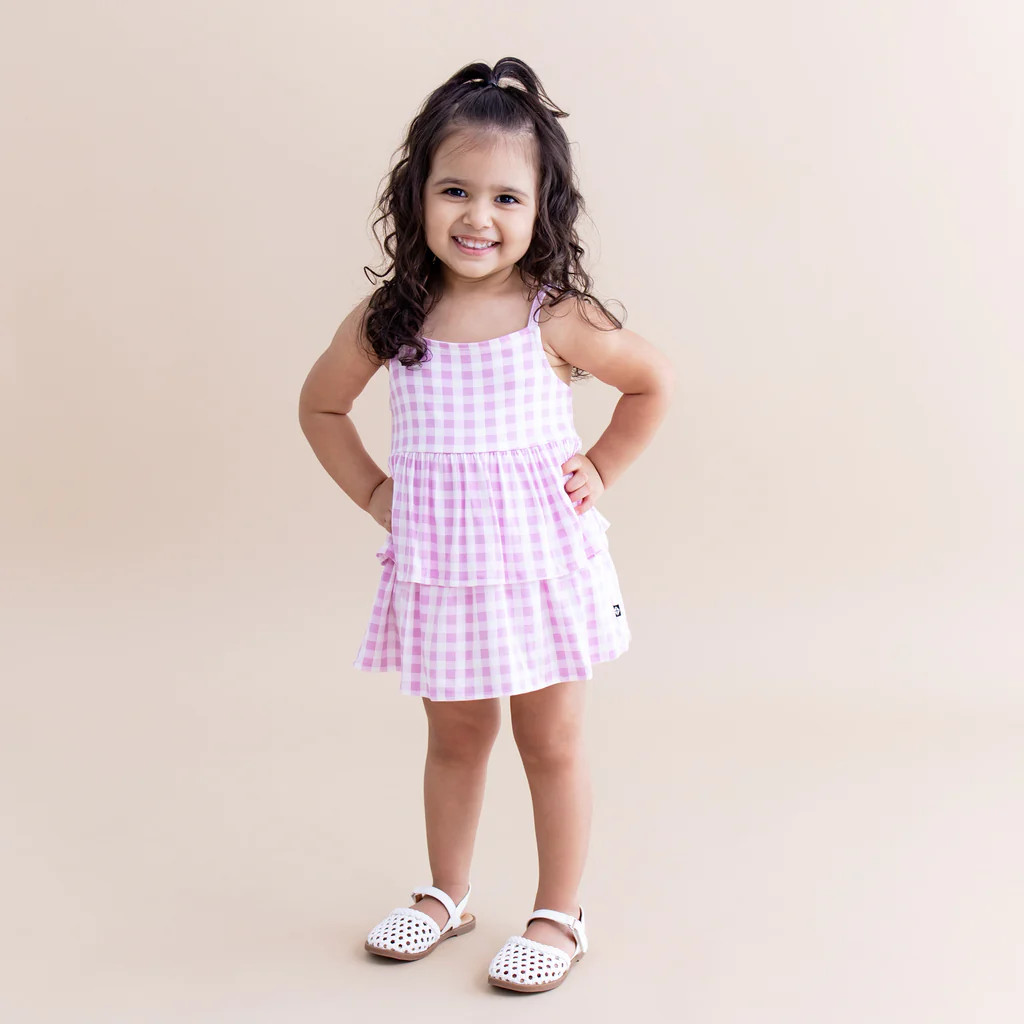 Spaghetti Strap Ruffle Romper in Gingham Thistle | Kyte Baby