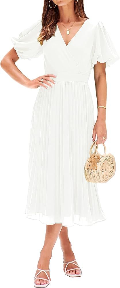 MEROKEETY Womens 2024 Summer Puff Sleeve Wrap V Neck Pleated Flowy Midi Dress for Wedding Guest | Amazon (US)