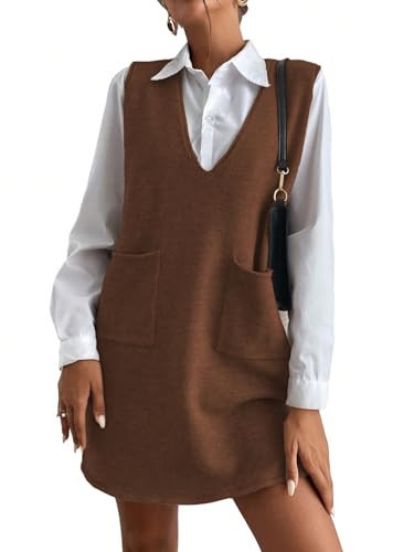 OYOANGLE Women's V Neck Sweater Vest Dress Sleeveless Fall Overall Dress | Amazon (US)