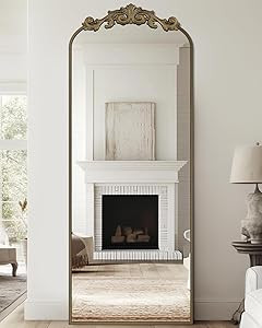 Arched Full Length Mirror, 58"x18" Floor Mirror Freestanding with Carved Metal Frame & Bottom Art... | Amazon (US)