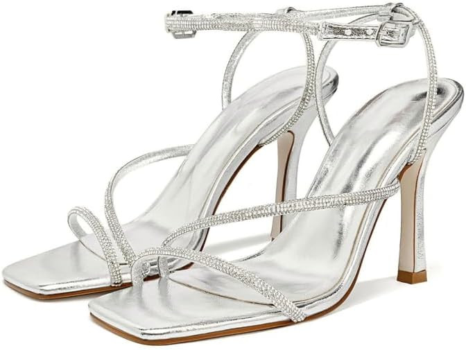 sexytag Women's Sparkly Heels Rhinestone Square Open Toe Ankle Strap Stiletto Heel Sandals | Amazon (US)