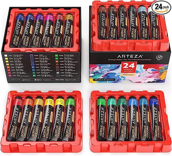 ARTEZA Acrylic Paint, Arteza Set of 24 Colors/Tubes (0.74 oz, 22 ml) W/ Storage Box, Rich Pigment... | Amazon (US)