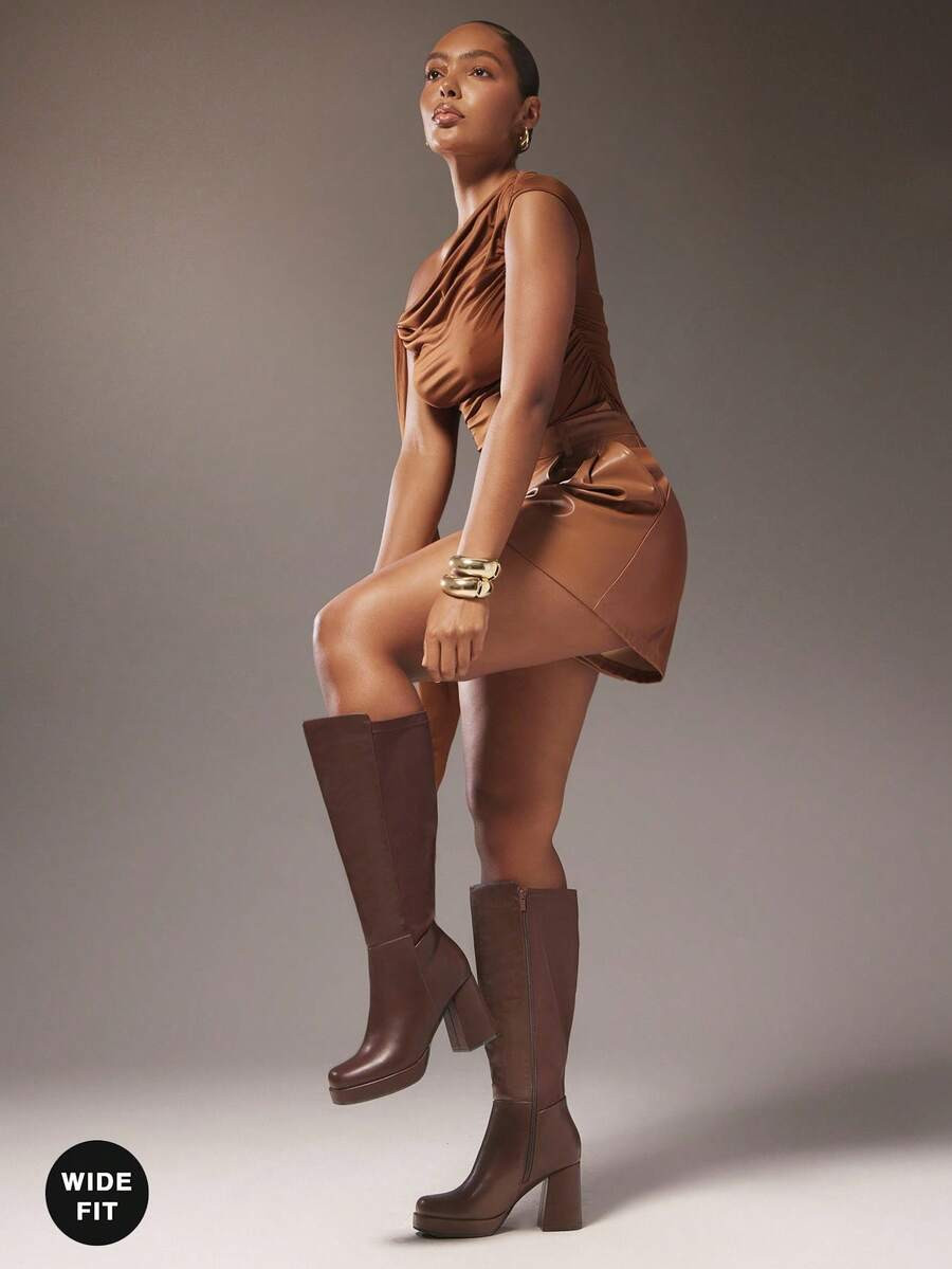 SHUZIA Women's Stylish & Comfortable Wide Calf Block Heel Knee-High Boots | SHEIN