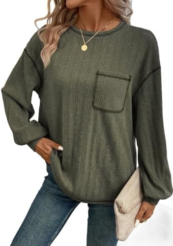 Dokotoo Long Sleeve Shirts for Women 2025 Casual Solid Crewneck Knitted Loose Fit Pullover Shirts... | Amazon (US)