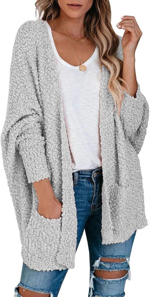 Womens Open Front Fuzzy Cardigan Sweaters Batwing Sleeve Lightweight Popcorn Loose Knit Sweater C... | Amazon (US)