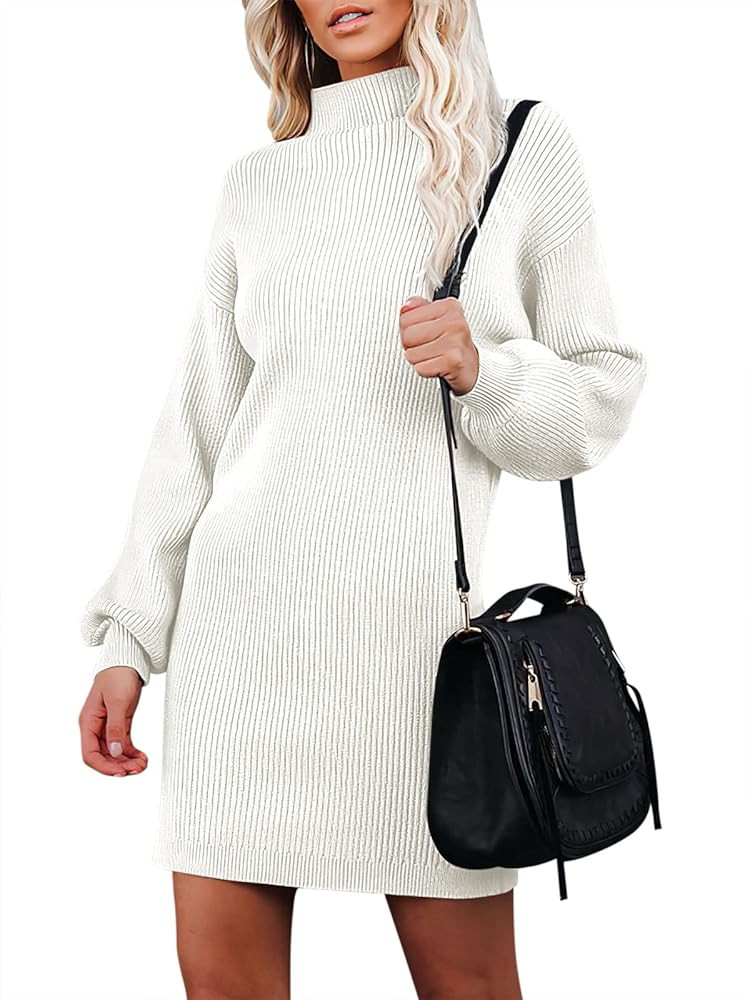 Caracilia Women's Turtleneck Sweater Dress Puff Long Sleeve Ribbed Knit Mini Dress | Amazon (US)