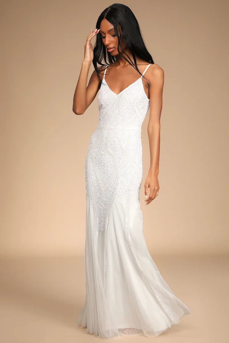 Just the Beginning White Beaded Sequin Mermaid Maxi Dress | Lulus