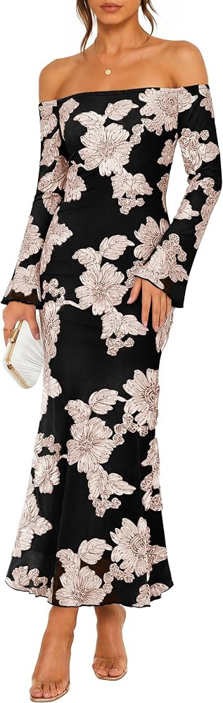 ZESICA Women's Fall Off Shoulder Floral Wedding Guest Maxi Dresses | Amazon (US)