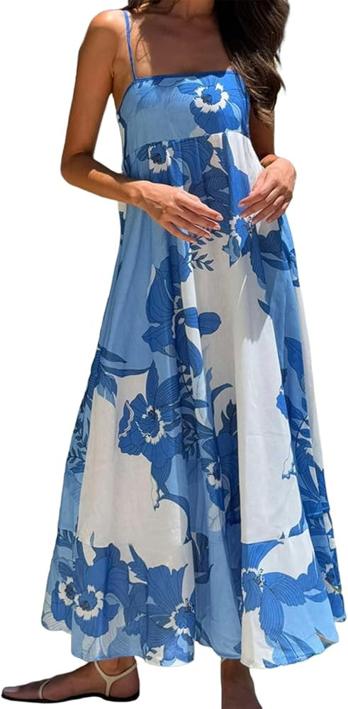Women Bohemian Graphic Maxi Dress Spaghetti Strap Flowy Cami Dress Floral Tiered Sundress Y2K Sum... | Amazon (US)