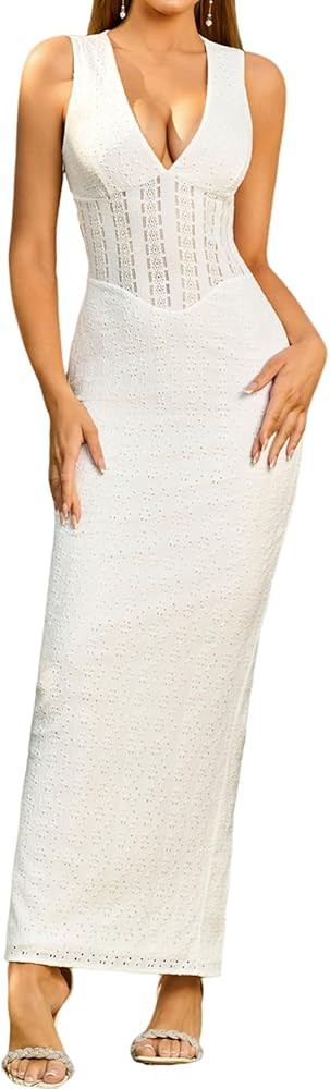 Women's Summer Maxi Dress Sexy V Neck Back Slit Bodycon Formal Party Long Dresses for 2025 | Amazon (US)