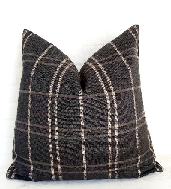 Window Pane Pillow Cover, Peppercorn Plaid Pillow, Gray Plaid Pillow, Black Woven Pillow, Black A... | Etsy (US)