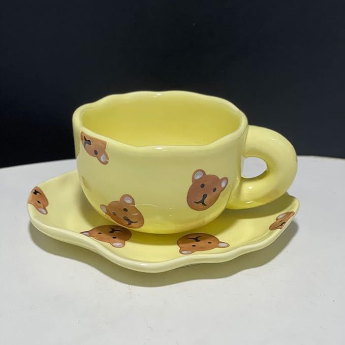 Koythin Ceramic Coffee Mug with Saucer Set, Cute Creative Cup Unique Irregular Saucer Design for ... | Amazon (US)