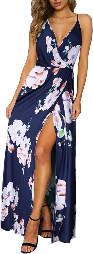 II ININ Women's Deep V-Neck Casual Dress Summer Backless Floral Print/Solid Split Maxi Dress for ... | Amazon (US)