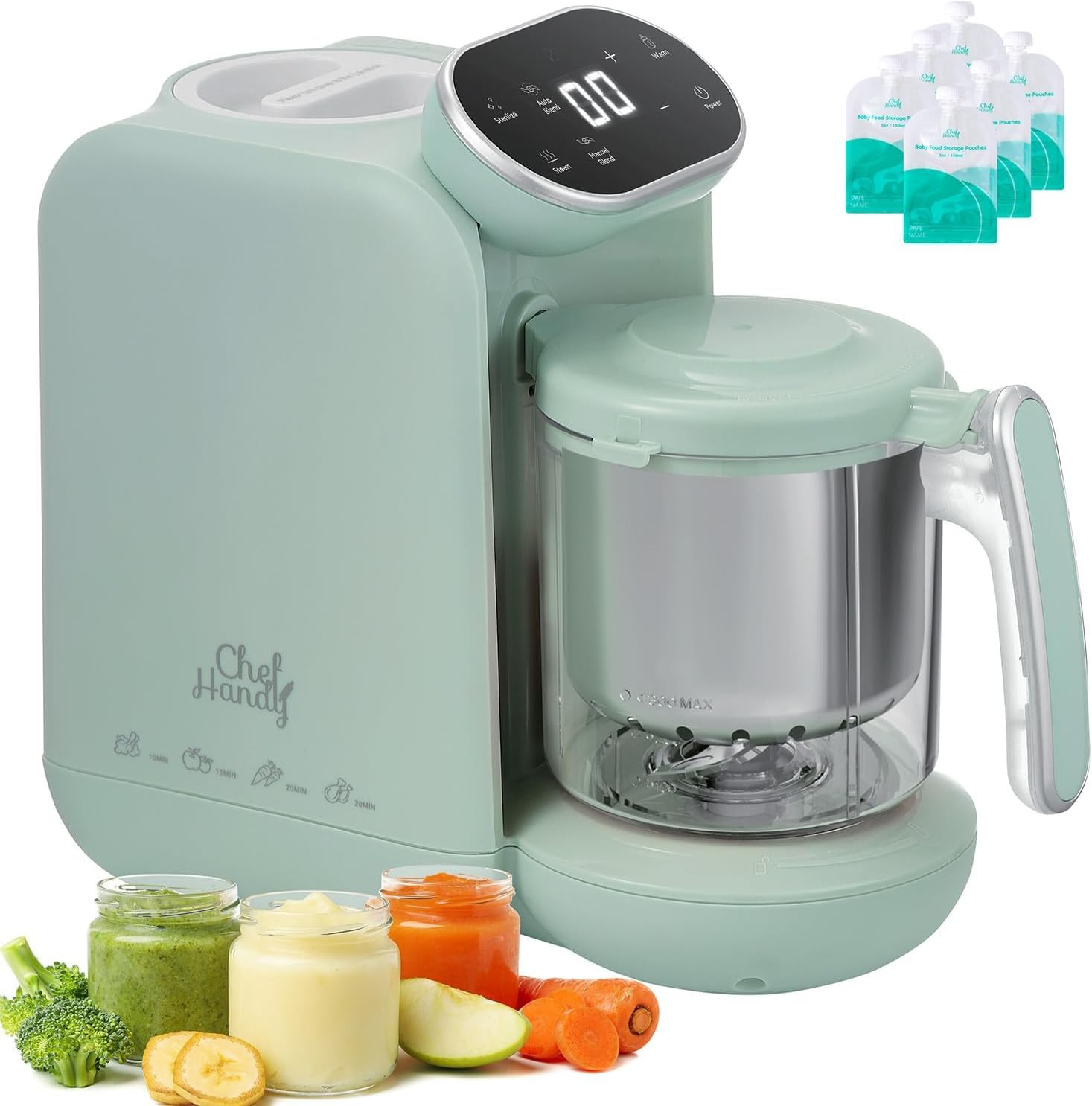 Chefhandy Baby Food Maker with Stainless Steel Steam Basket | 5-in-1 Baby Food Processor, Steamer & Blender for Homemade Baby Food, BPA-Free, 6 Reusable Pouches, Ideal for Newborns & Infants, Green | Amazon (US)