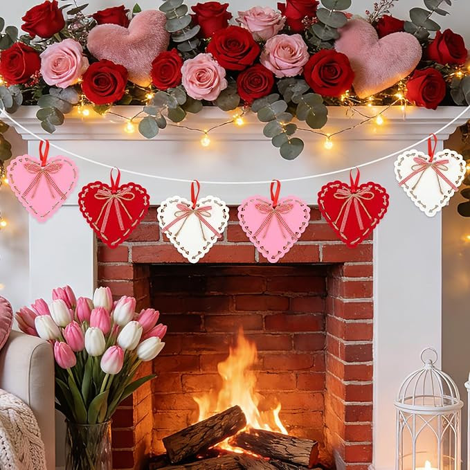 JULMELON Valentines Felt Heart Ornaments, 6 Pcs Large Felt Heart Hanging Decorations Red Pink Whi... | Amazon (US)