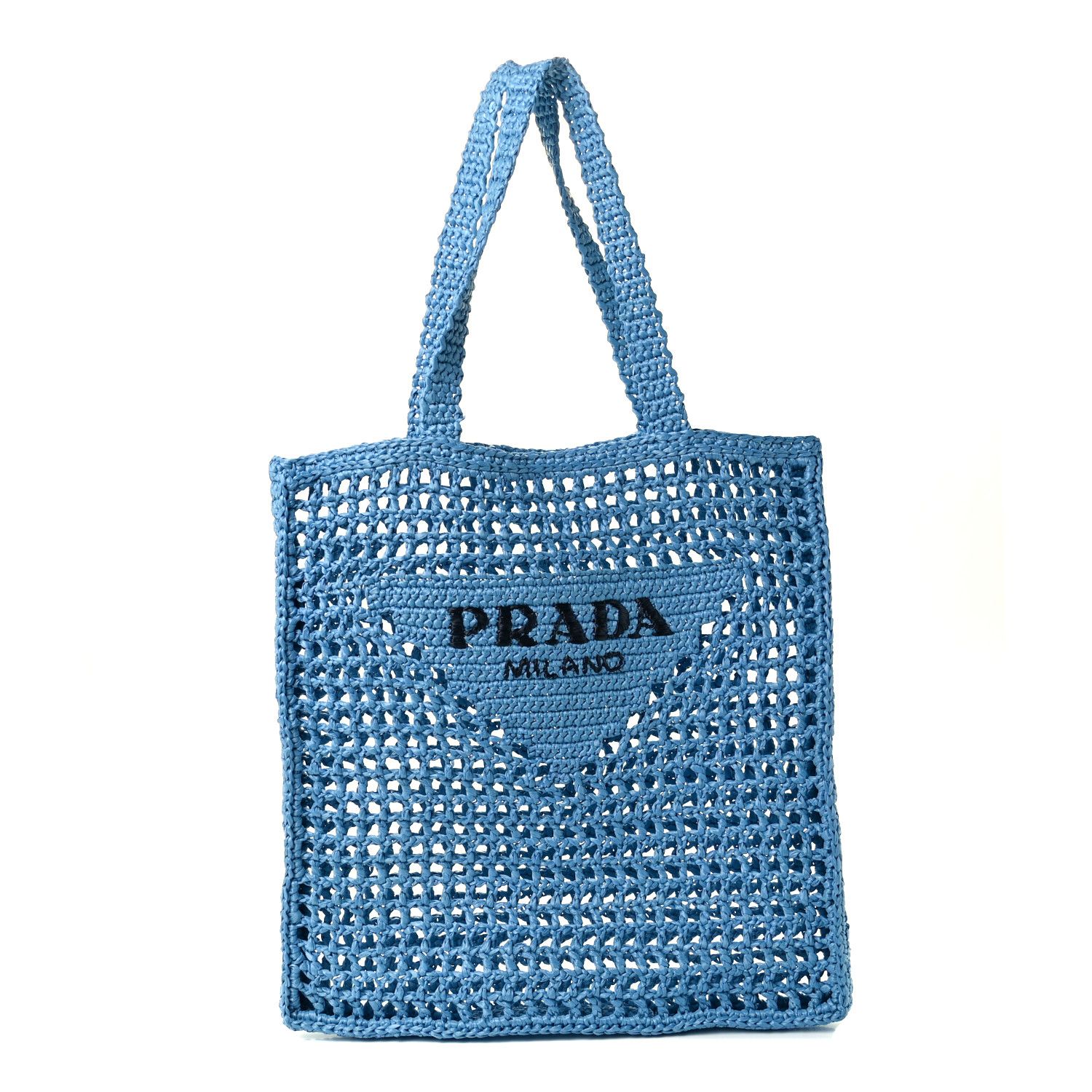 PRADA Raffia Embroidered Logo Tote Bag Celeste | FASHIONPHILE | FASHIONPHILE (US)