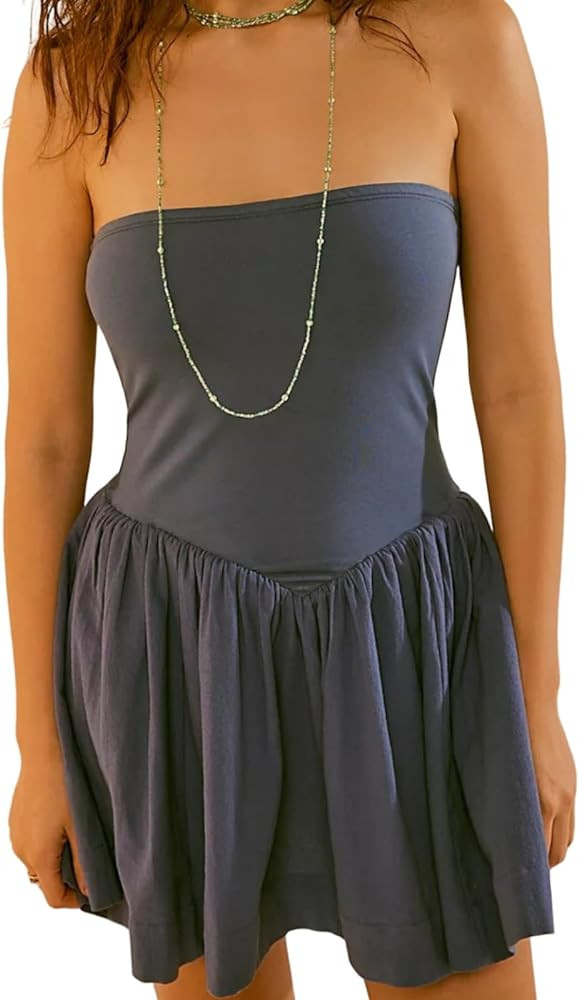 Summer Solid Strapless Mini Dress for Women Tube Top Dresses Patchwork Pleated Drop Waist Flared ... | Amazon (US)