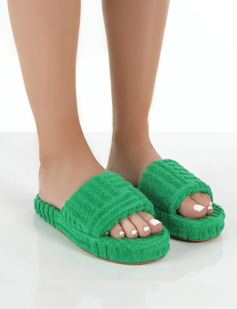 Juicy Green Terry Towelling Slider Slippers | Public Desire