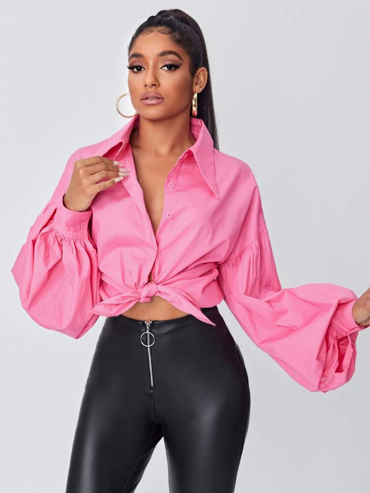 SHEIN Solid Button Front Bishop Sleeve Blouse | SHEIN