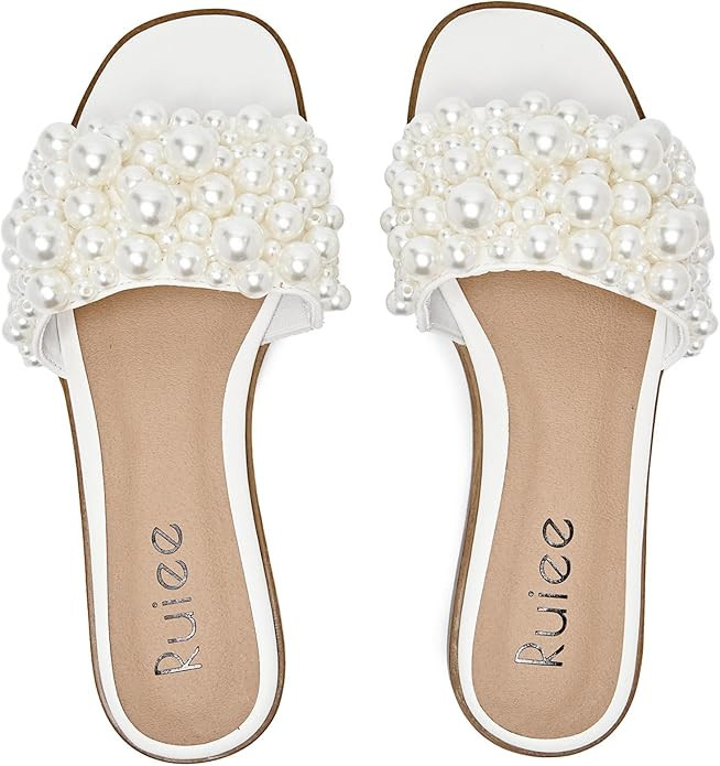 Ruiee Flat Slides Sandals for Women, Pearl Decor Slide Sandal Sparkly Bling Dressy Comfortable Ca... | Amazon (US)