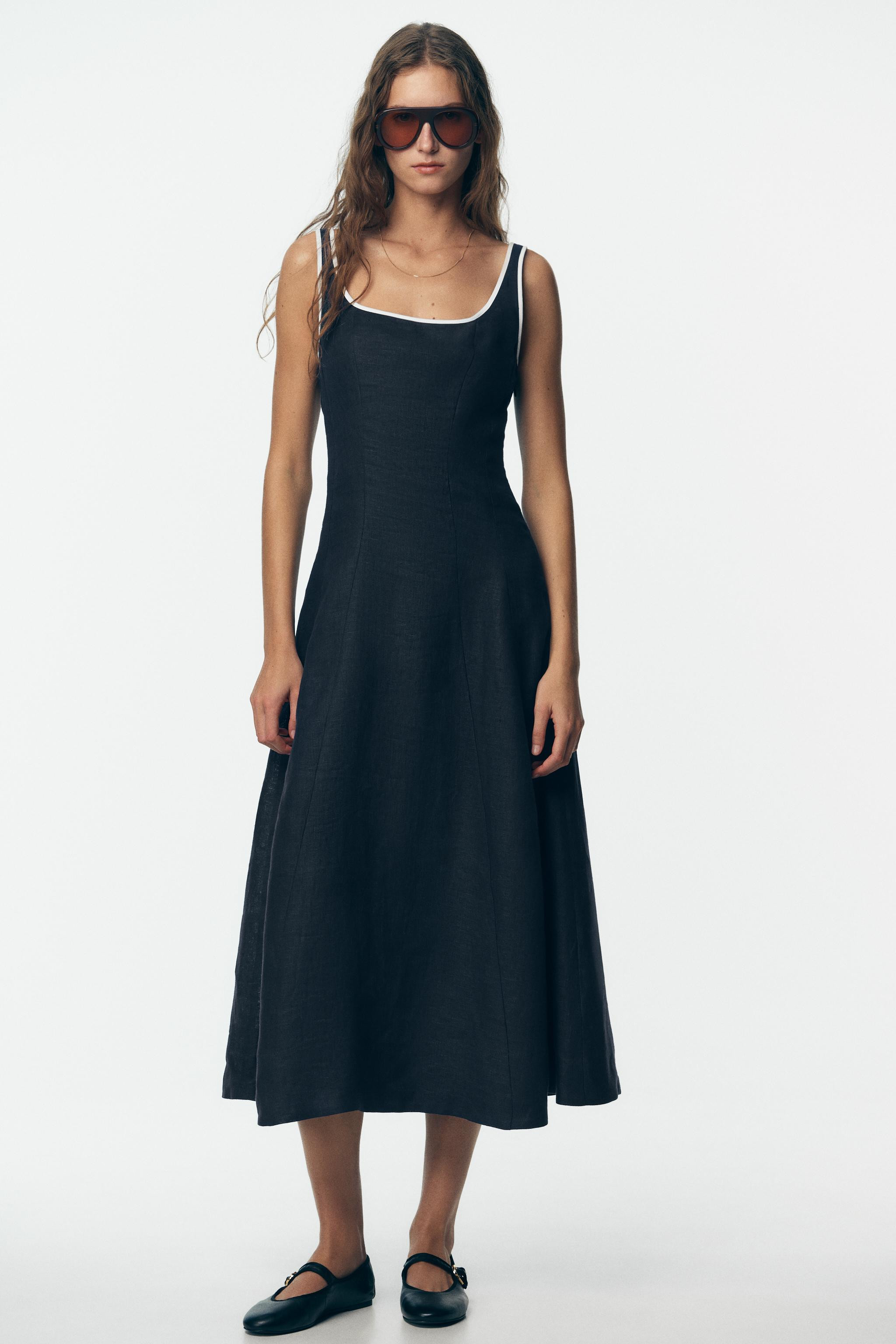 CONTRAST PIPING LINEN MIDI DRESS | Zara US
