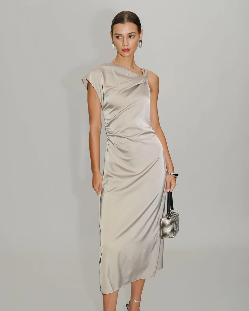 Grey Cowl Sleeve Asymmetrical Satin Midi Dress | rihoas.com