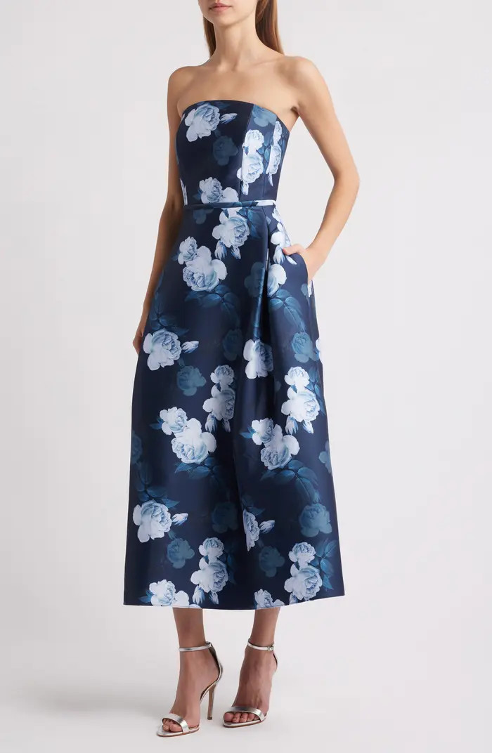 Shay Floral Strapless Stretch Mikado Cocktail Midi Dress | Nordstrom