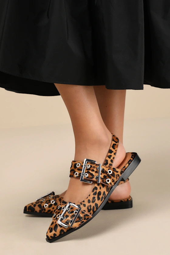 Graya Leopard Calf Hair Studded Buckle Slingback Flats | Lulus