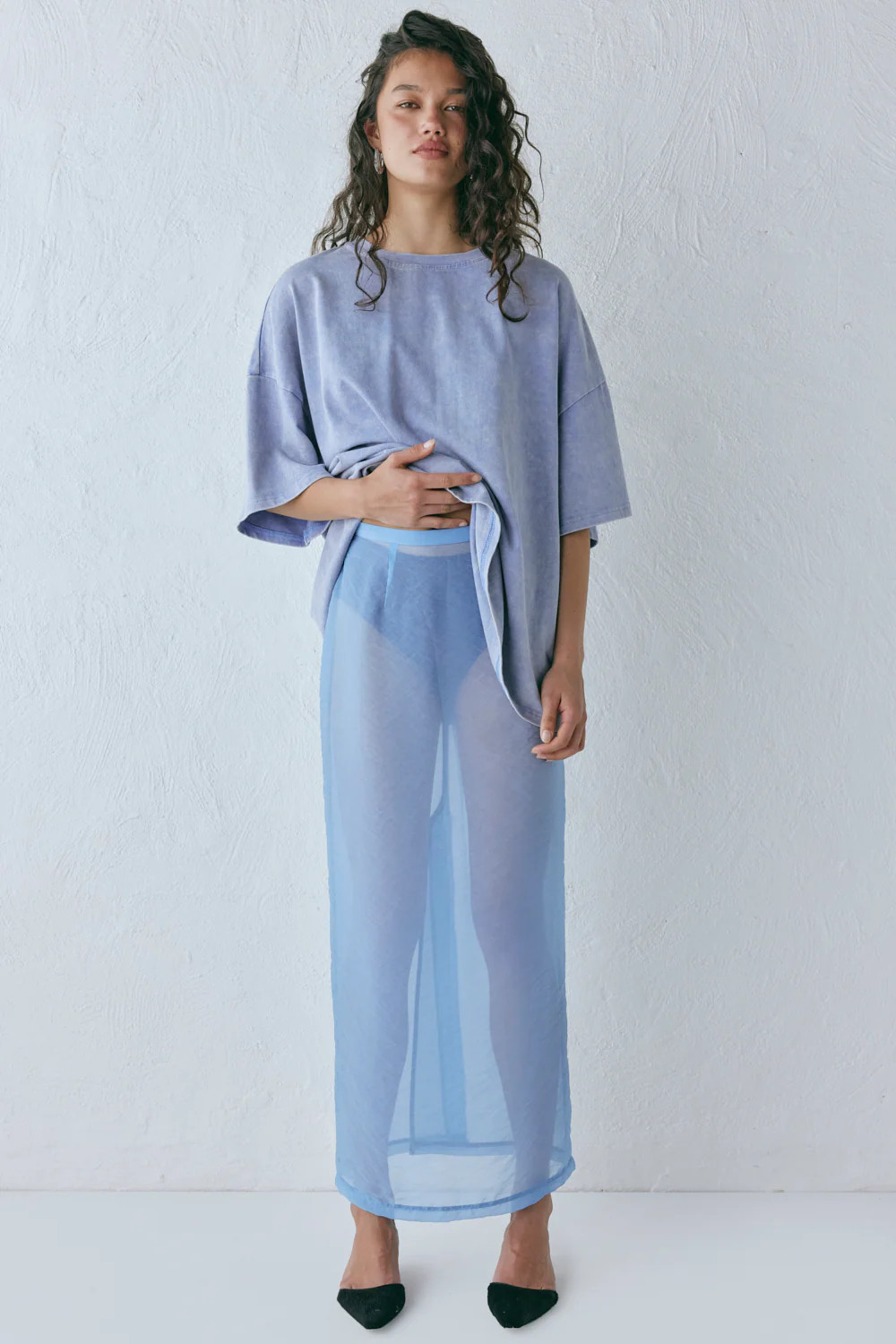 Devyn Sheer Midi Skirt Powder Blue | VRG Grl